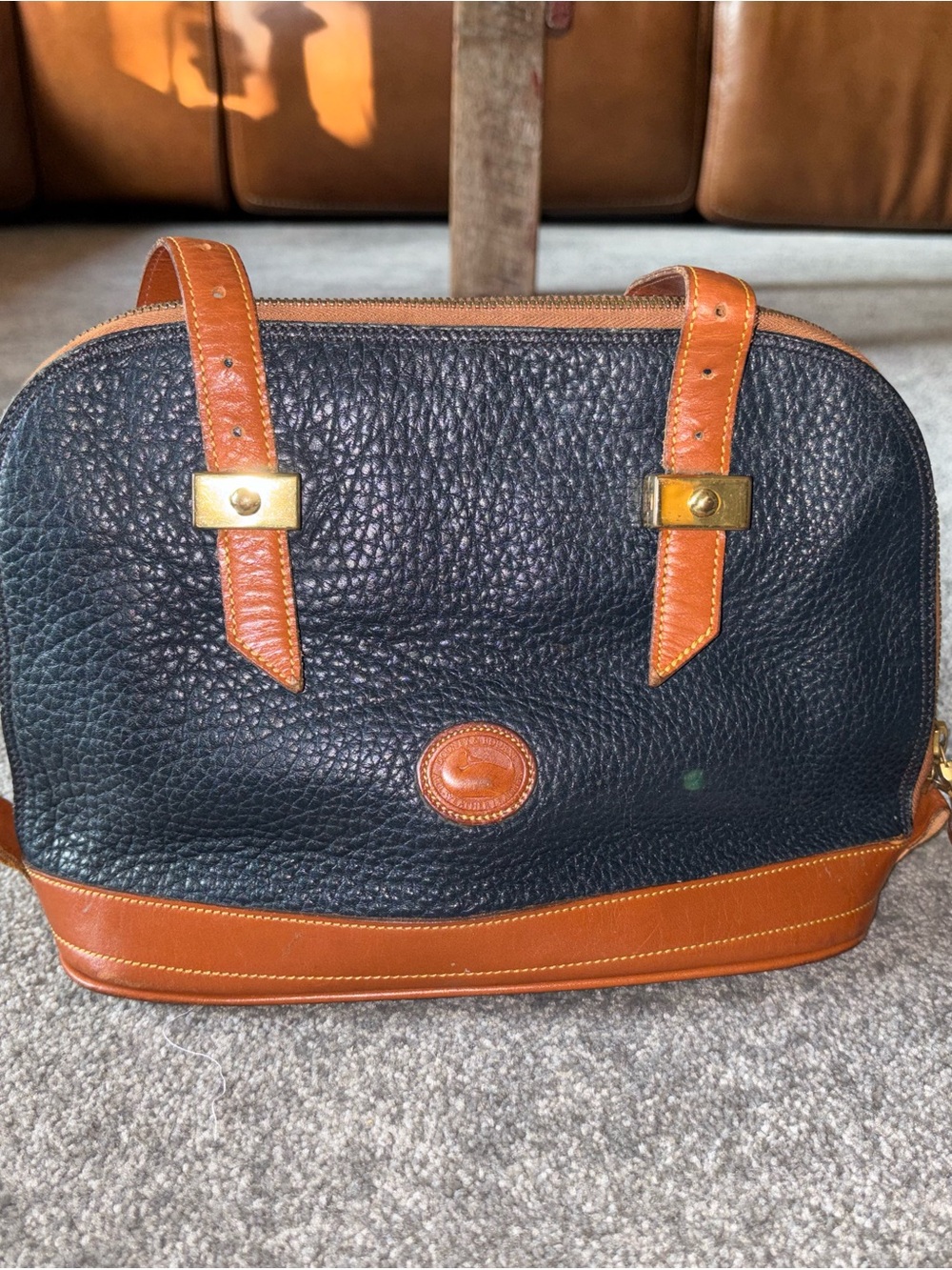 Dooney & Bourke Black Pebbled Leather Tote with Brown Trim